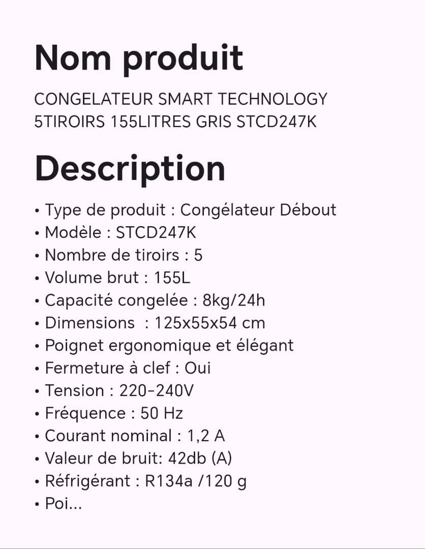 CONGELATEUR SMART TECHNOLOGY 5TIROIRS 155LITRES GRIS STCD247K CONGELATEUR SMART TECHNOLOGY 5TIROIRS 155LITRES GRIS STCD247K