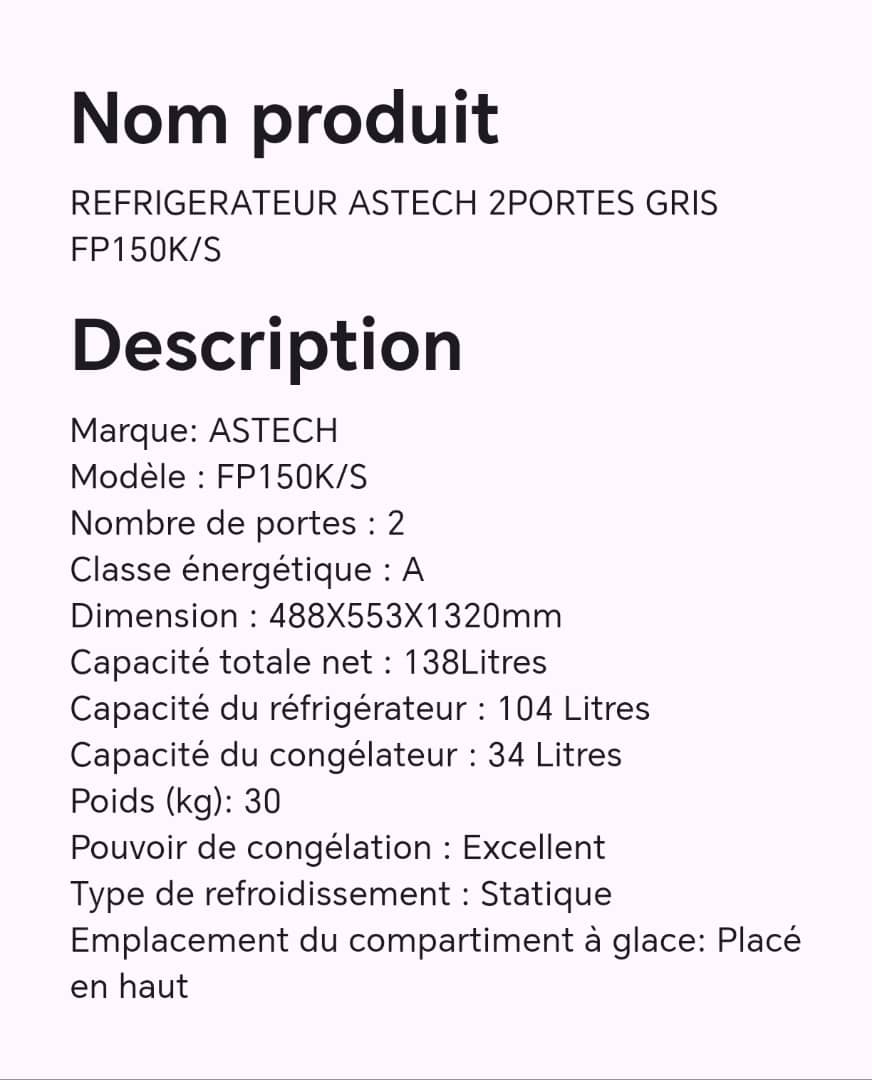 Réfrigérateur ASTECH 2portes gris FP150K/S Réfrigérateur ASTECH 2portes gris FP150K/S