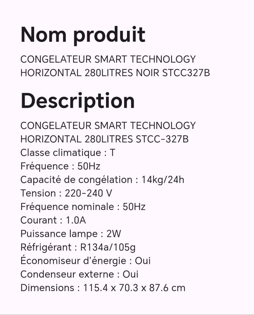 CONGELATEUR SMART TECHNOLOGY HORIZONTAL 280LITRES NOIR STCC327B CONGELATEUR SMART TECHNOLOGY HORIZONTAL 280LITRES NOIR STCC327B