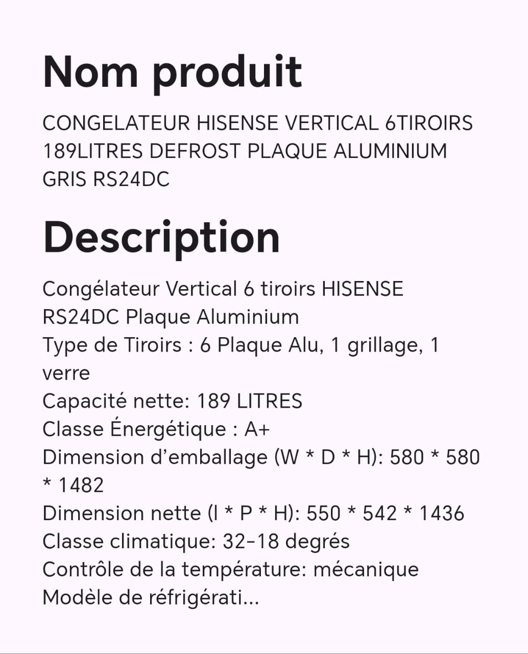 CONGELATEUR HISENSE VERTICAL 6TIROIRS 189LITRES DEFROST PLAQUE ALUMINIUM GRIS RS24DC CONGELATEUR HISENSE VERTICAL 6TIROIRS 189LITRES DEFROST PLAQUE ALUMINIUM GRIS RS24DC