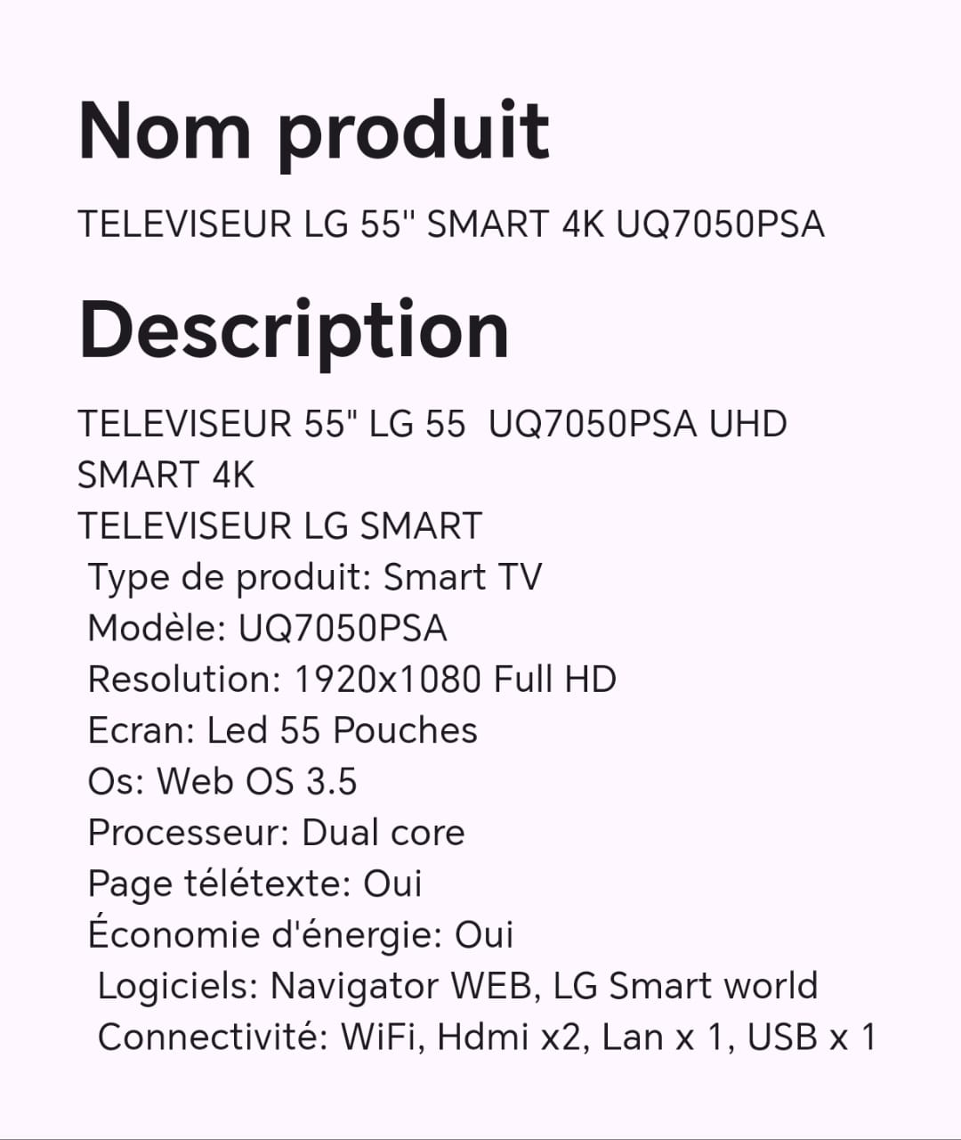 TELEVISEUR LG 55" SMART 4K UQ7050PSA TELEVISEUR LG 55" SMART 4K UQ7050PSA