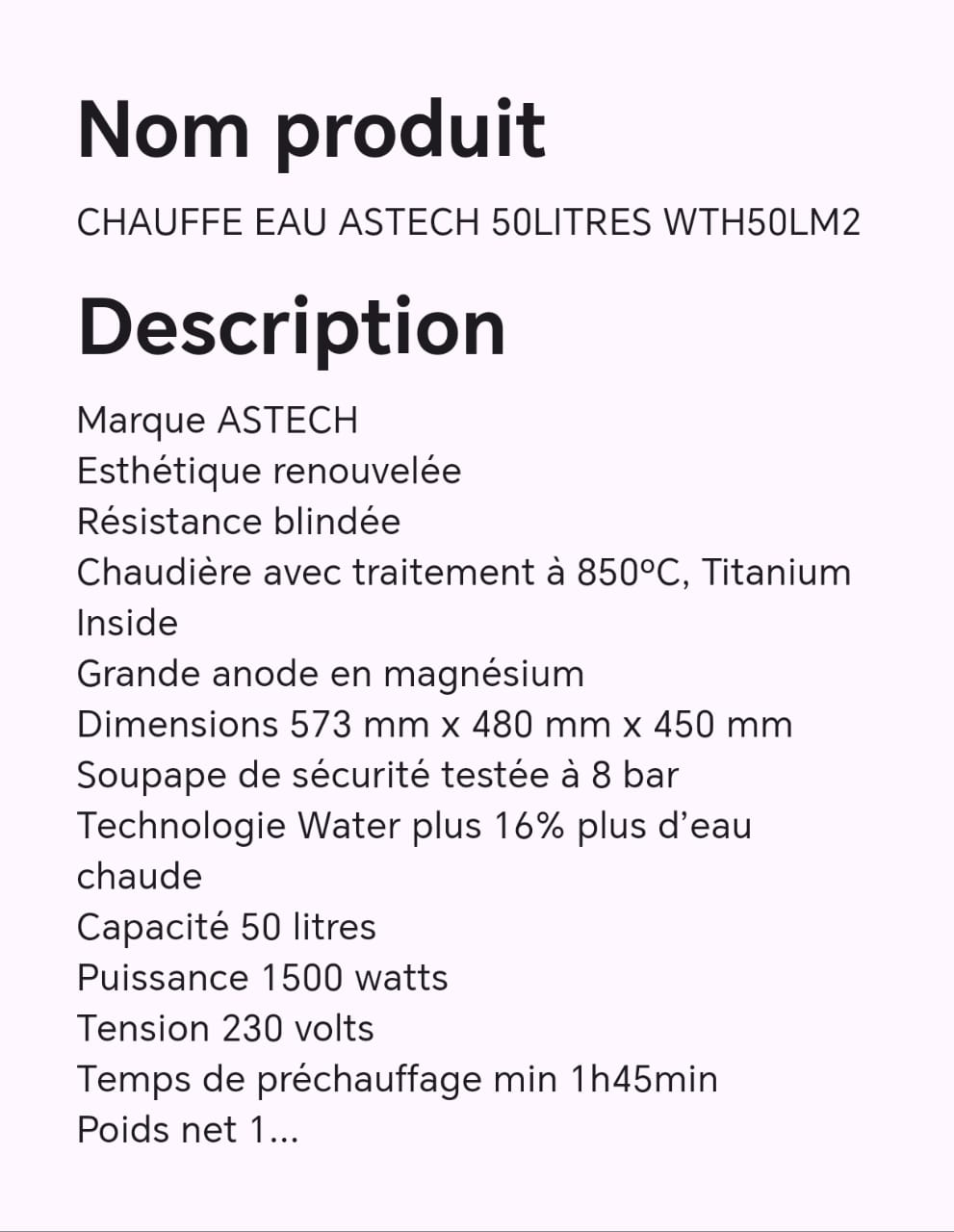 Chauffe eau ASTECH 50litres WTH50LM2 Chauffe eau ASTECH 50litres WTH50LM2