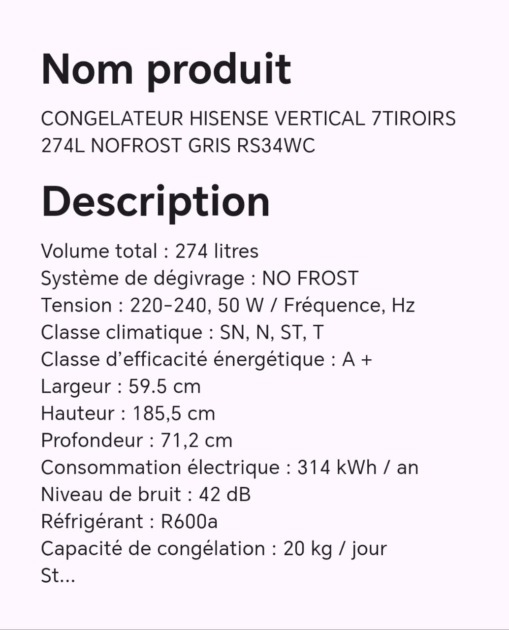 CONGELATEUR HISENSE VERTICAL 7TIROIRS 274L NOFROST GRIS RS34WC CONGELATEUR HISENSE VERTICAL 7TIROIRS 274L NOFROST GRIS RS34WC