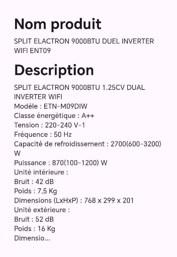 SPLIT ELACTRON 9000BTU DUEL INVERTER WIFI ENT09 SPLIT ELACTRON 9000BTU DUEL INVERTER WIFI ENT09