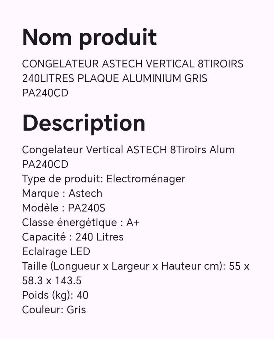 CONGELATEUR ASTECH VERTICAL 8TIROIRS 240LITRES PLAQUE ALUMINIUM GRIS PA240CD CONGELATEUR ASTECH VERTICAL 8TIROIRS 240LITRES PLAQUE ALUMINIUM GRIS PA240CD