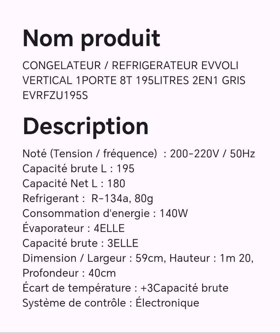 CONGELATEUR/REFRIGERATEUR EVVOLI VERTICAL 1PORTE 8T 195LITRES 2EN1 GRIS EVRFZU195S CONGELATEUR/REFRIGERATEUR EVVOLI VERTICAL 1PORTE 8T 195LITRES 2EN1 GRIS EVRFZU195S
