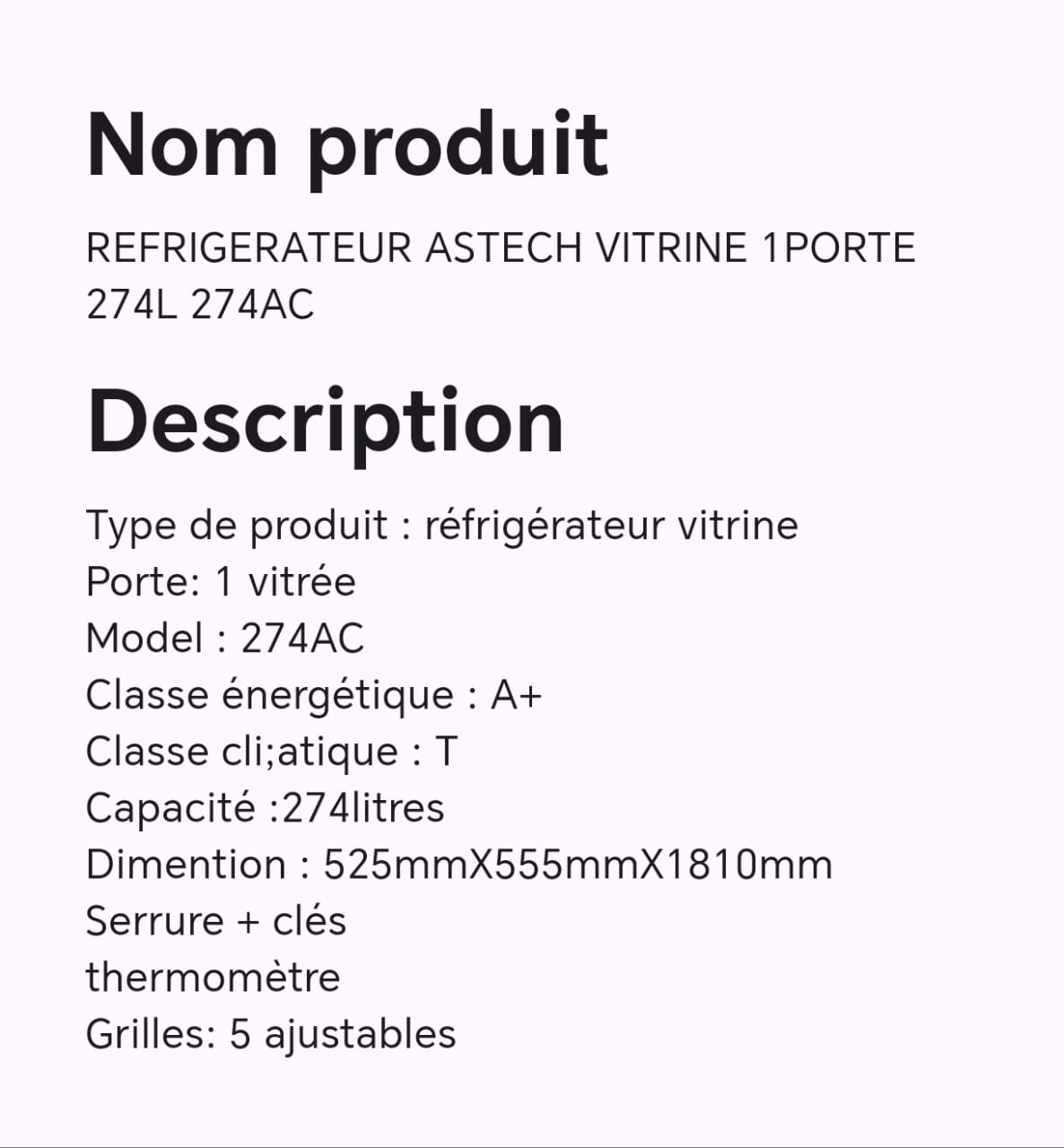 Réfrigérateur ASTECH vitrine 1porte 274L 274AC Réfrigérateur ASTECH vitrine 1porte 274L 274AC