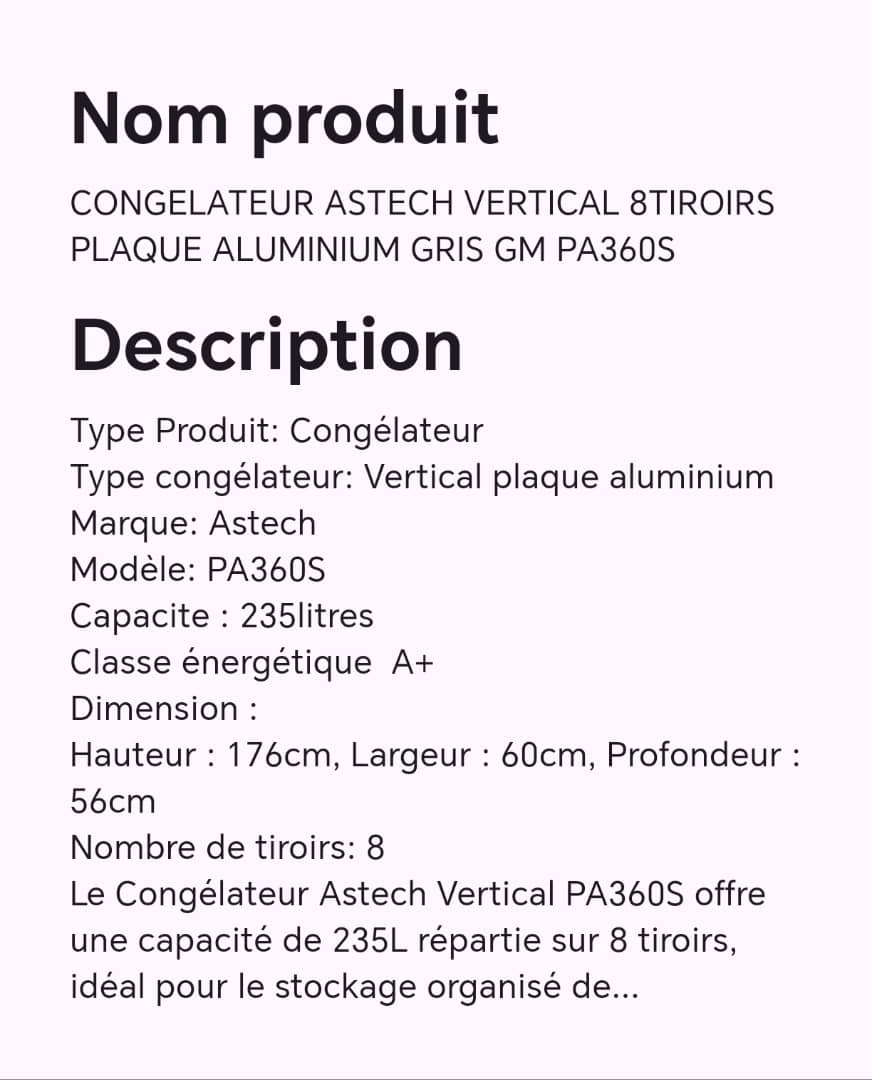 Congélateur ASTECH vertical 8 tiroirs plaque aluminium gris GM PA360S Congélateur ASTECH vertical 8 tiroirs plaque aluminium gris GM PA360S