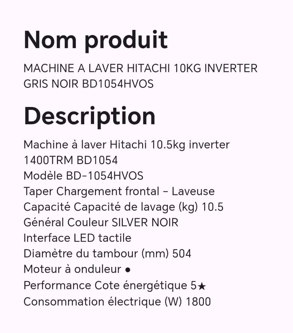MACHINE A LAVER HITACHI 10KG INVERTER GRIS NOIR BD1054HVOS MACHINE A LAVER HITACHI 10KG INVERTER GRIS NOIR BD1054HVOS