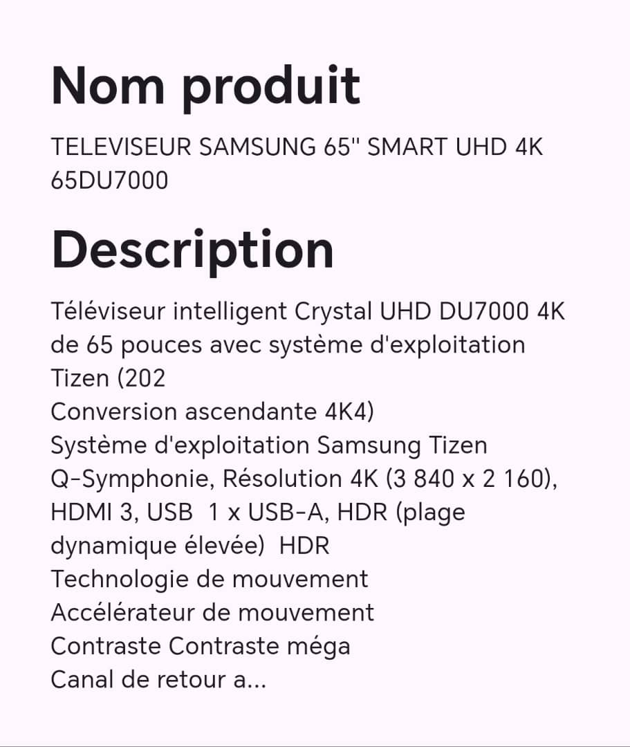 TELEVISEUR SAMSUNG 65" SMART UHD 4K 65DU7000 TELEVISEUR SAMSUNG 65" SMART UHD 4K 65DU7000