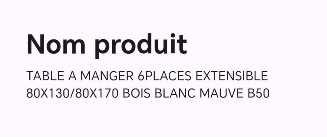 TABLE A MANGER 6PLACES EXTENSIBLE 80X130/80X170 BOIS BLANC MAUVE B50 TABLE A MANGER 6PLACES EXTENSIBLE 80X130/80X170 BOIS BLANC MAUVE B50