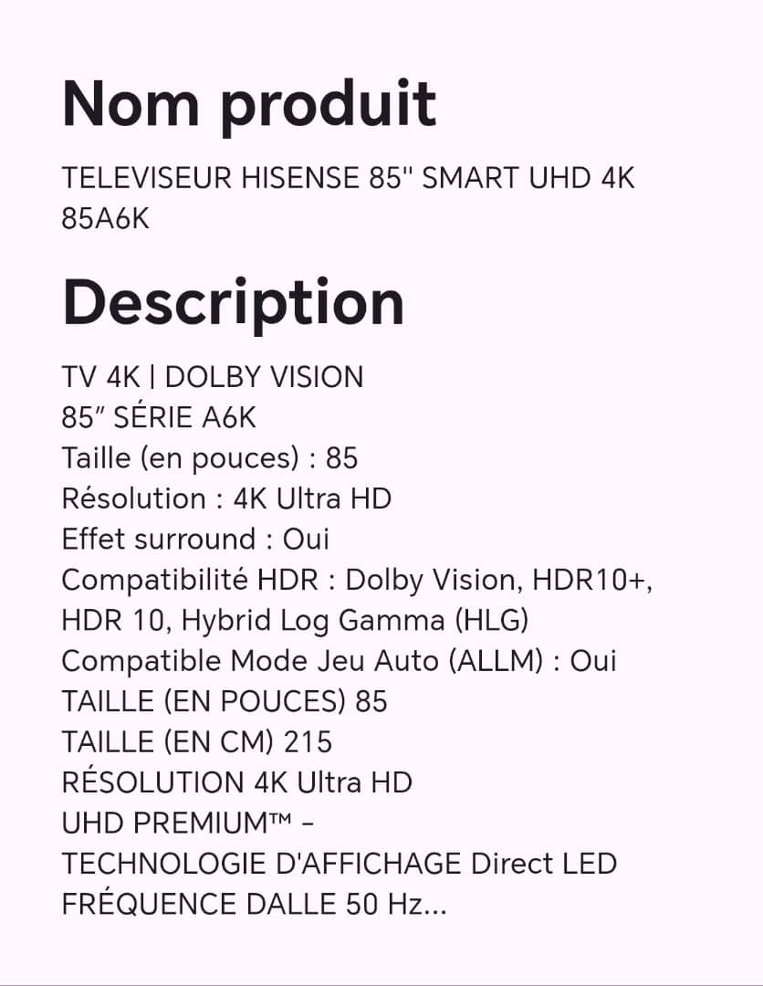 TELEVISEUR HISENSE 85" SMART UHD 4K 85A6K TELEVISEUR HISENSE 85" SMART UHD 4K 85A6K