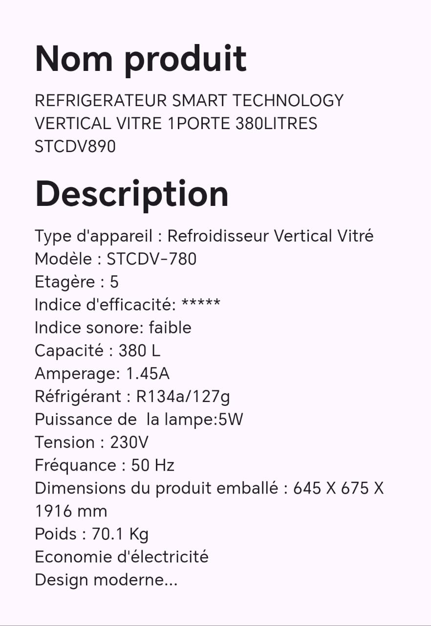 Réfrigérateur smart technology vertical vitre 1 porte 380 litres STCDV890 Réfrigérateur smart technology vertical vitre 1 porte 380 litres STCDV890