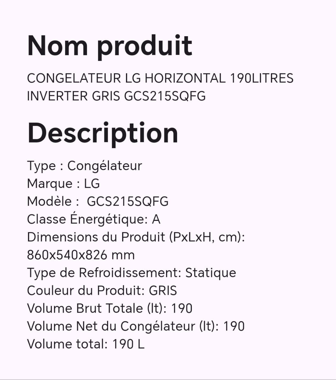 CONGELATEUR LG HORIZONTAL 190LITRES INVERTER GRIS GCS215SQFG CONGELATEUR LG HORIZONTAL 190LITRES INVERTER GRIS GCS215SQFG