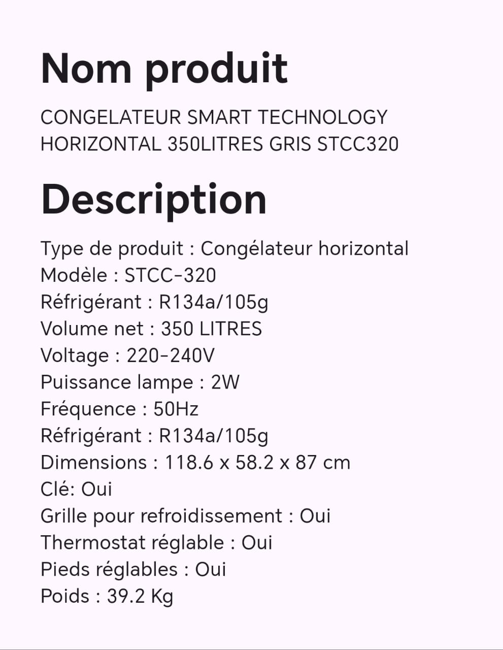 CONGELATEUR SMART TECHNOLOGY HORIZONTAL 350LITRES GRIS STCC320 CONGELATEUR SMART TECHNOLOGY HORIZONTAL 350LITRES GRIS STCC320
