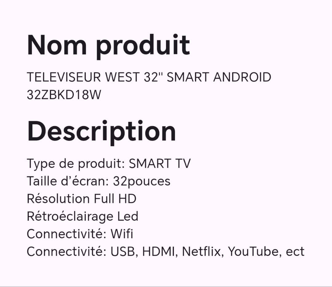 TELEVISEUR WEST 32" SMART ANDROID 32ZBKD18W TELEVISEUR WEST 32" SMART ANDROID 32ZBKD18W