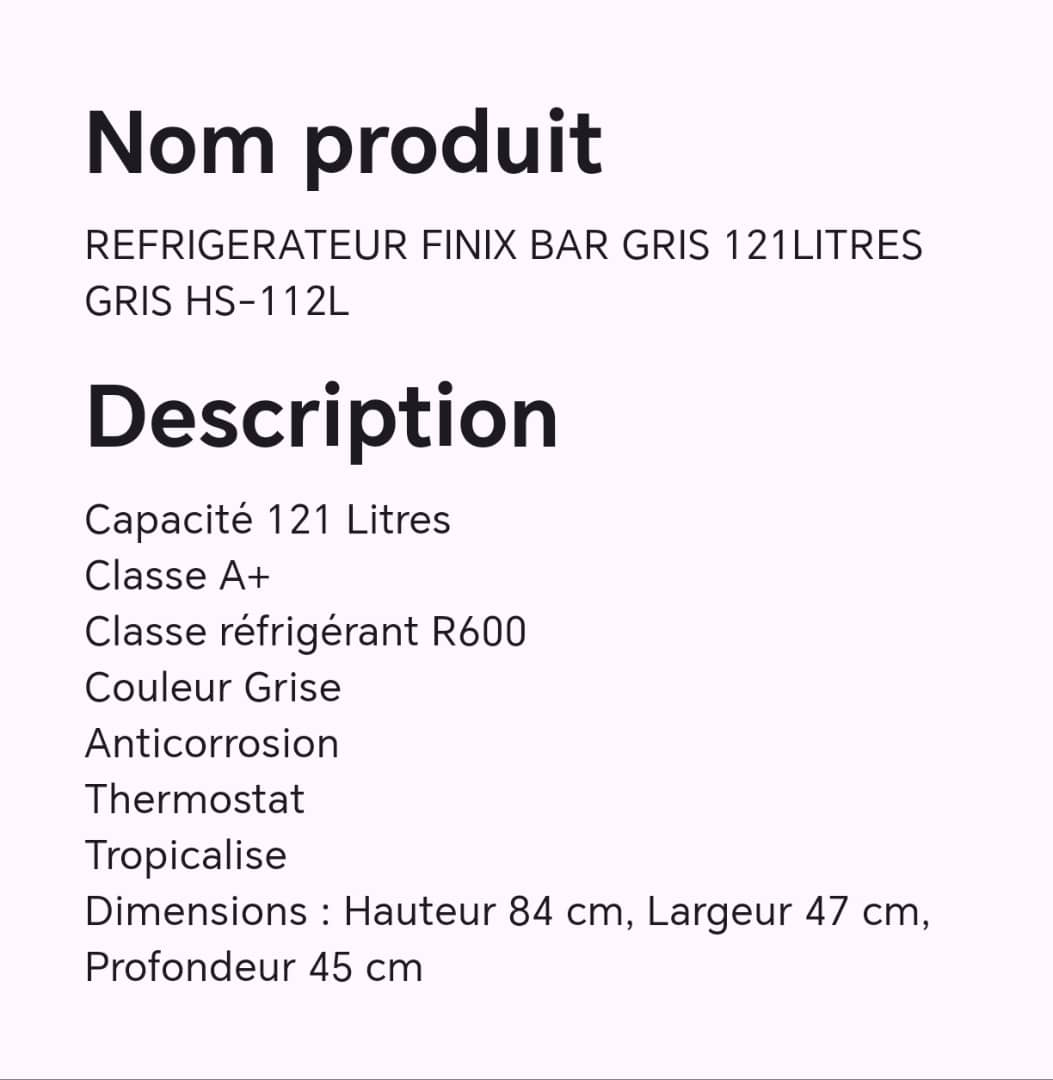 Réfrigérateur FINIX bar gris 121litres gris HS-112L Réfrigérateur FINIX bar gris 121litres gris HS-112L