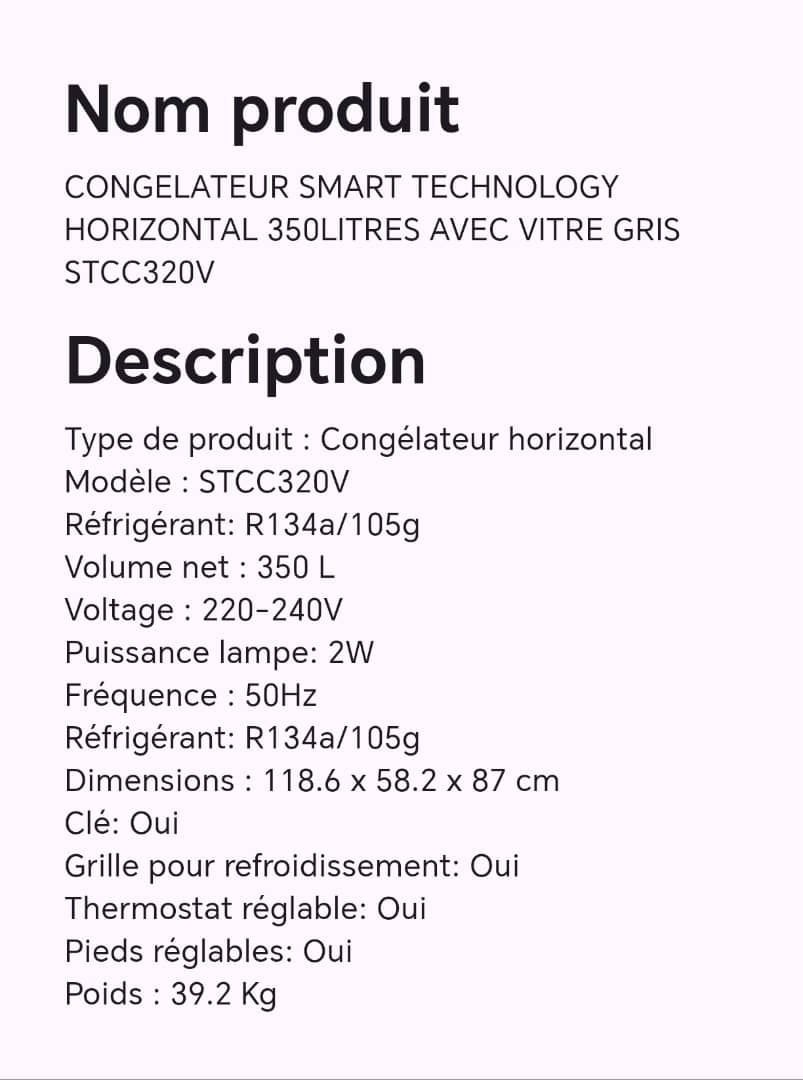 CONGELATEUR SMART TECHNOLOGY HORIZONTAL 350LITRES AVEC VITRE GRIS STCC320V CONGELATEUR SMART TECHNOLOGY HORIZONTAL 350LITRES AVEC VITRE GRIS STCC320V