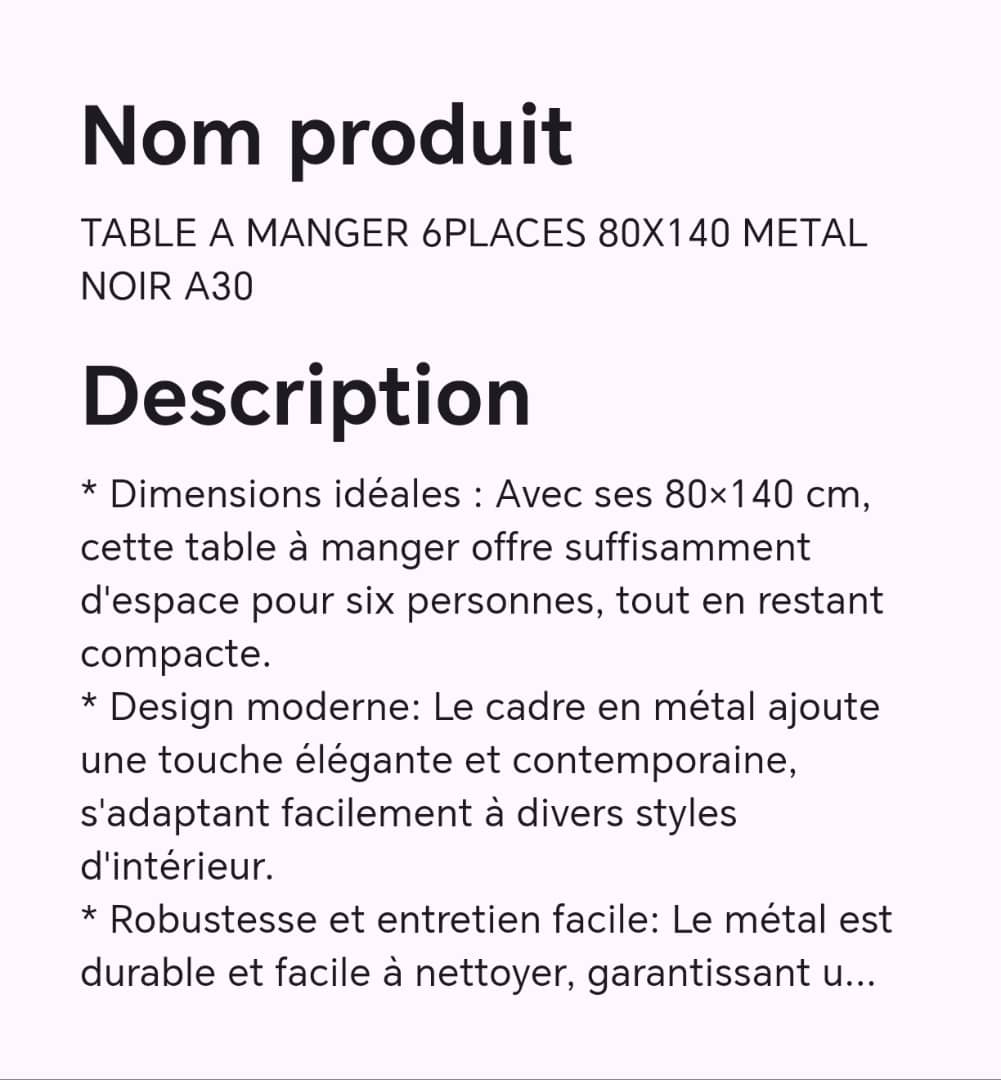 TABLE A MANGER 6PLACES 80X140 METAL NOIR A30 TABLE A MANGER 6PLACES 80X140 METAL NOIR A30