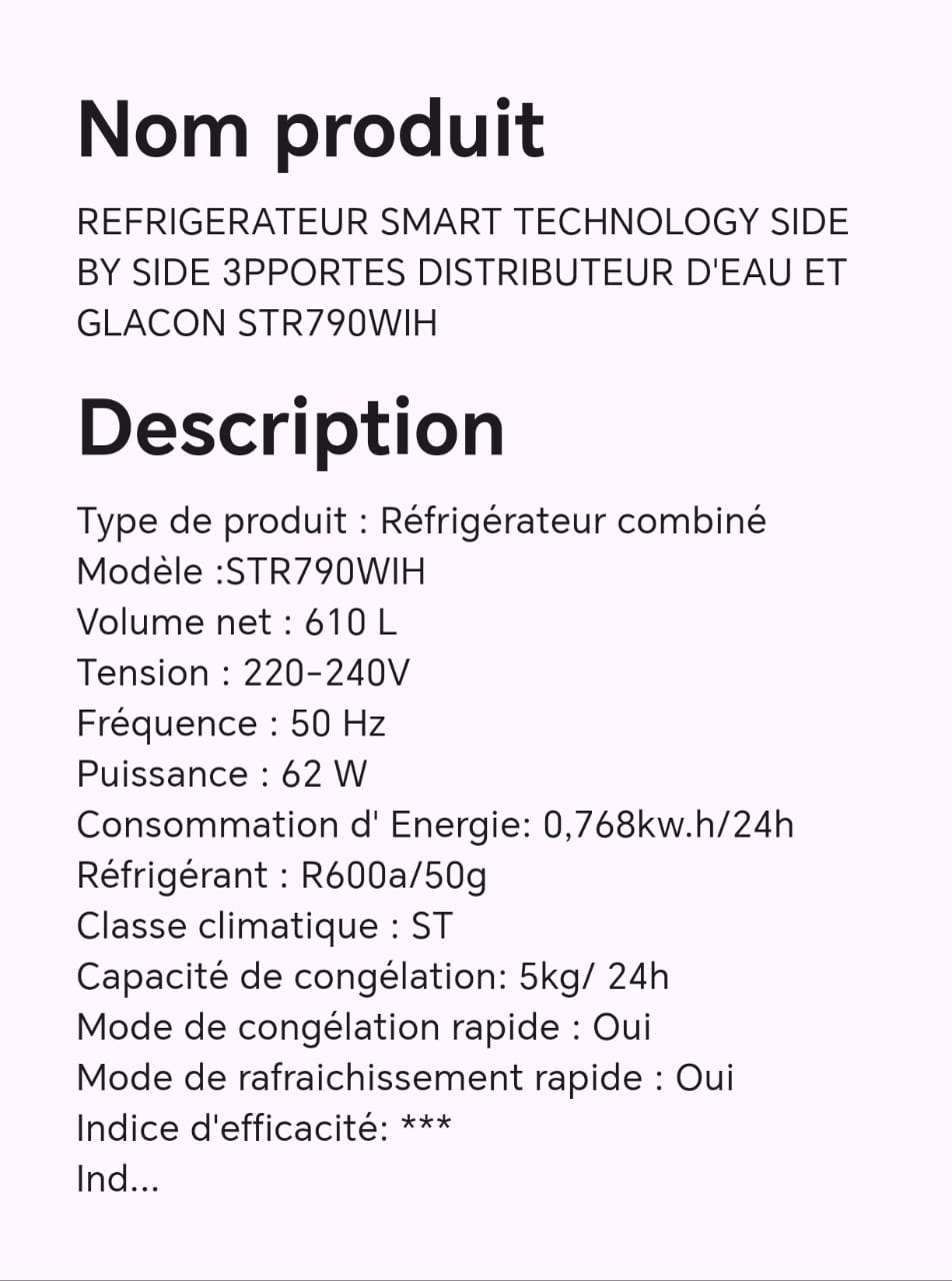 Réfrigérateur Smart technology SIDE BY SIDE 3 portes distributeur d'eau et glaçon STR790WIH Réfrigérateur Smart technology SIDE BY SIDE 3 portes distributeur d'eau et glaçon STR790WIH