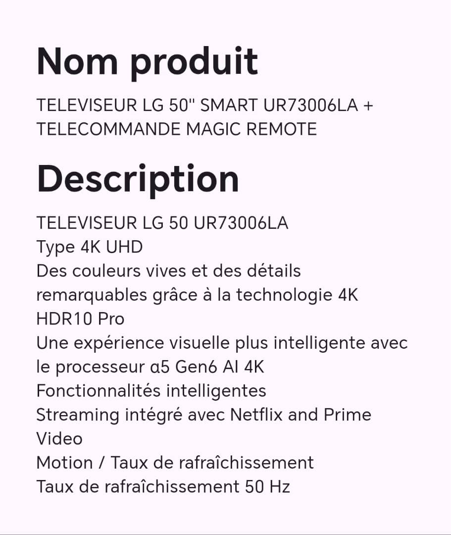 TELEVISEUR LG 50" SMART UR73006LA +TELECOMMANDE MAGIC REMOTE TELEVISEUR LG 50" SMART UR73006LA +TELECOMMANDE MAGIC REMOTE