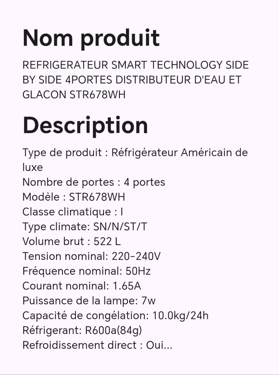 Réfrigérateur smart technology SIDE BY SIDE 4 portes distributeur d'eau et glaçon STR678WH Réfrigérateur smart technology SIDE BY SIDE 4 portes distributeur d'eau et glaçon STR678WH