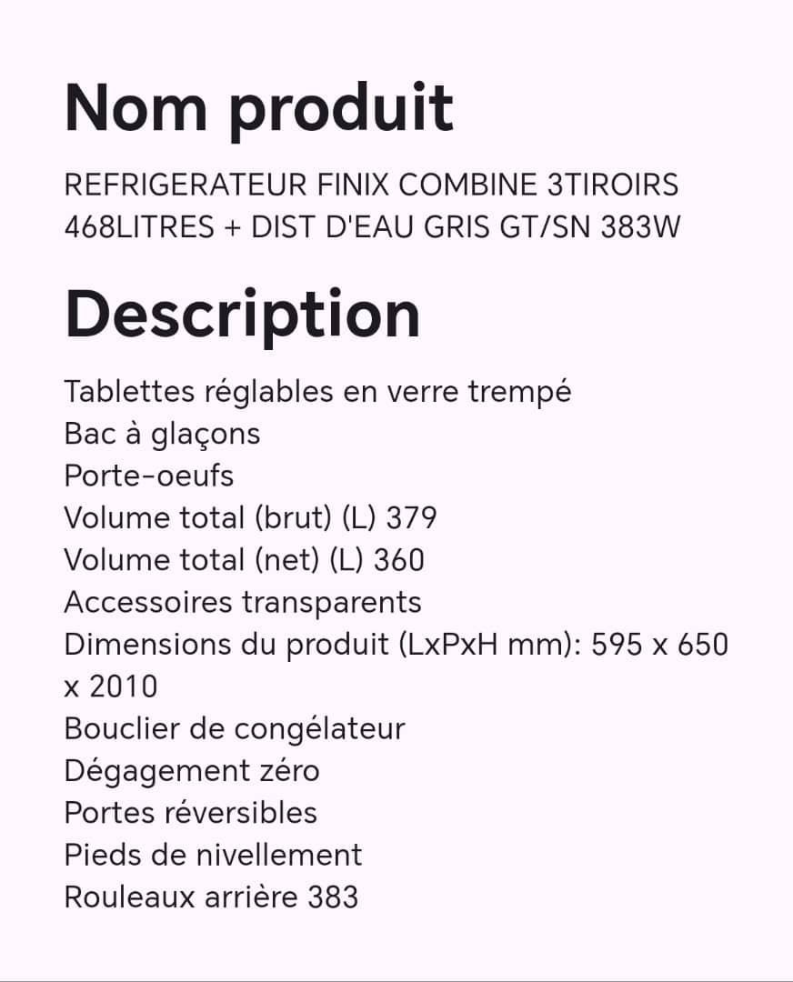 Réfrigérateur FINIX combine 3tiroirs 468litres + dist d'eau gris GT/SN 383W Réfrigérateur FINIX combine 3tiroirs 468litres + dist d'eau gris GT/SN 383W