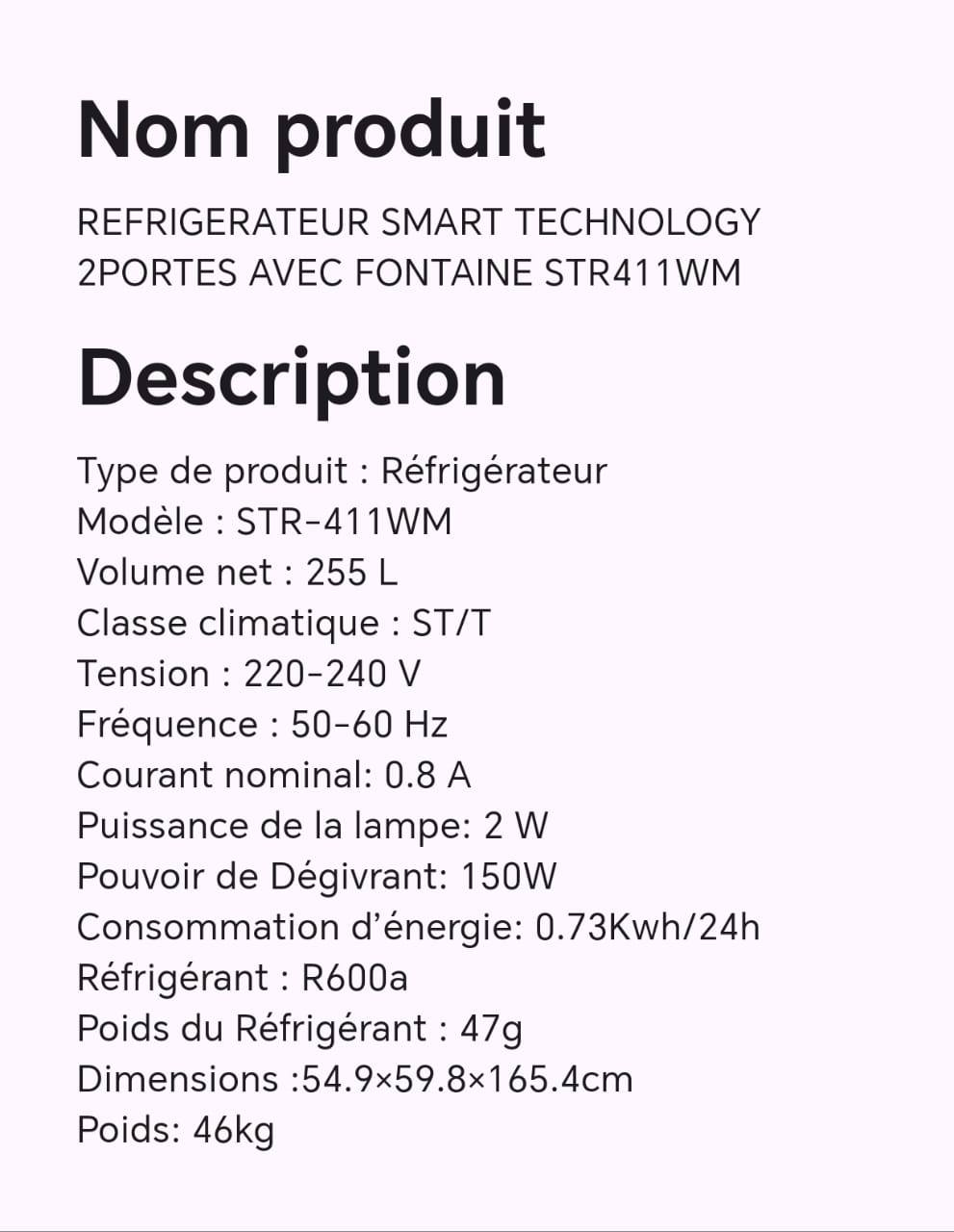 Réfrigérateur Smart technology 2portes avec fontaine STR411WM Réfrigérateur Smart technology 2portes avec fontaine STR411WM