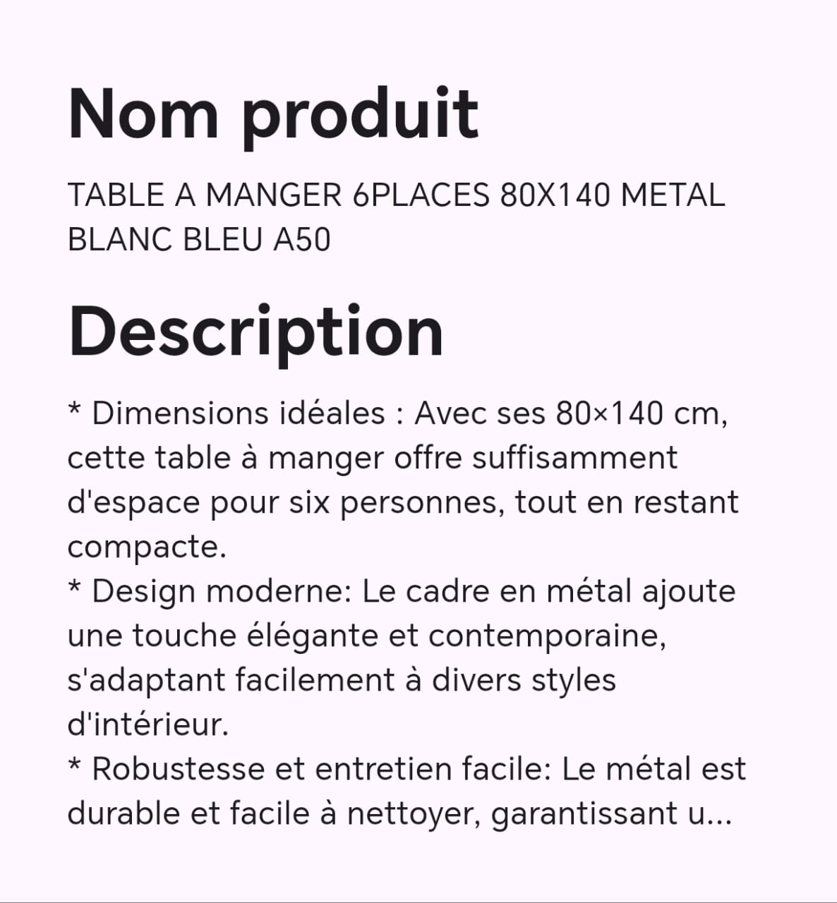 TABLE A MANGER 6 PLACES 80X140 METAL BLANC BLEU A50 TABLE A MANGER 6 PLACES 80X140 METAL BLANC BLEU A50