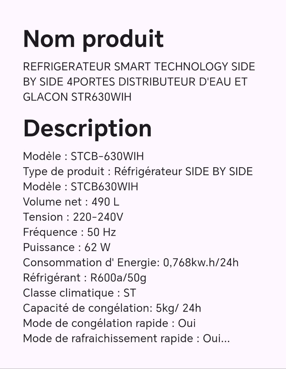 Réfrigérateur smart technology SIDE BY SIDE 4 portes distributeur d'eau et glaçon STR630WIH Réfrigérateur smart technology SIDE BY SIDE 4 portes distributeur d'eau et glaçon STR630WIH