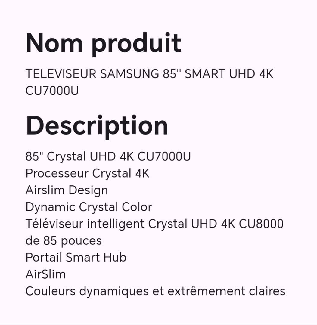 TELEVISEUR SAMSUNG 85" SMART UHD 4K CU7000U TELEVISEUR SAMSUNG 85" SMART UHD 4K CU7000U