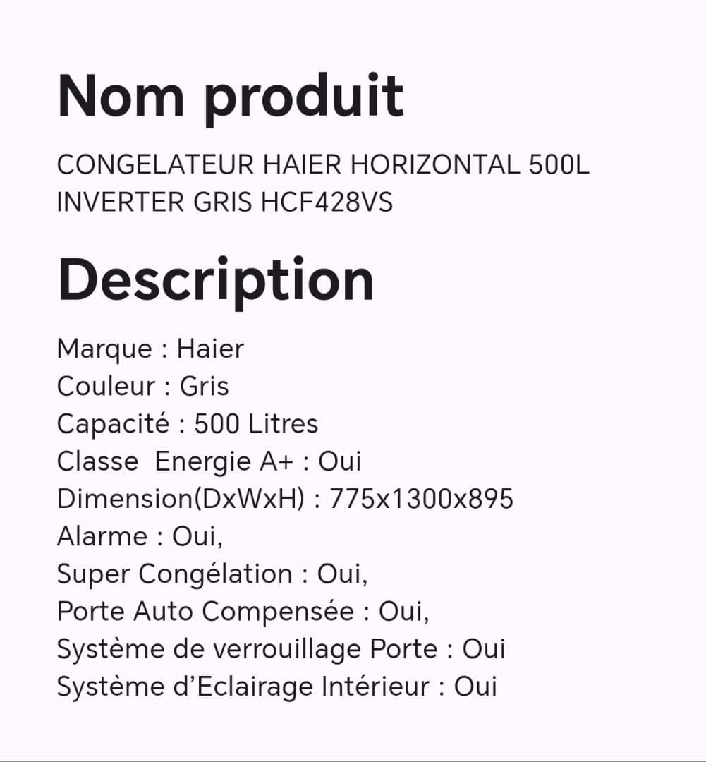CONGELATEUR HAIER HORIZONTAL 500L INVERTER GRIS HCF428VS CONGELATEUR HAIER HORIZONTAL 500L INVERTER GRIS HCF428VS