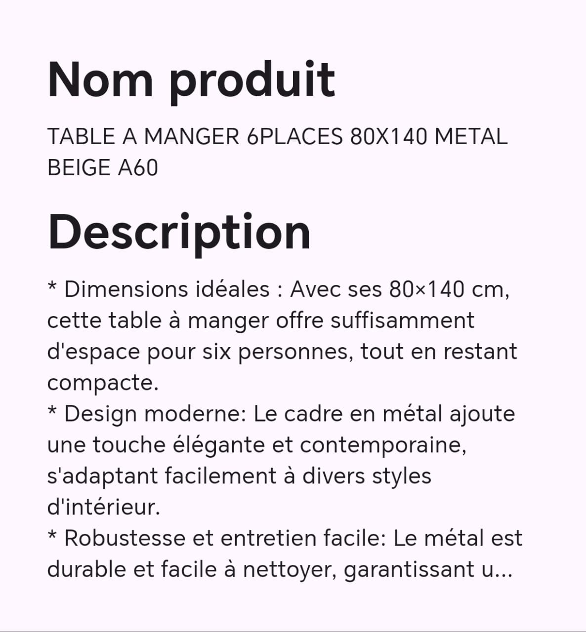 TABLE A MANGER 6 PLACES 80X140 METAL BEIGE A60 TABLE A MANGER 6 PLACES 80X140 METAL BEIGE A60
