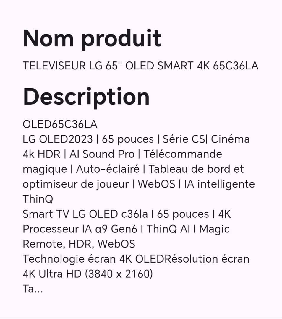 TELEVISEUR LG 65" OLED SMART 4K 65C36LA TELEVISEUR LG 65" OLED SMART 4K 65C36LA
