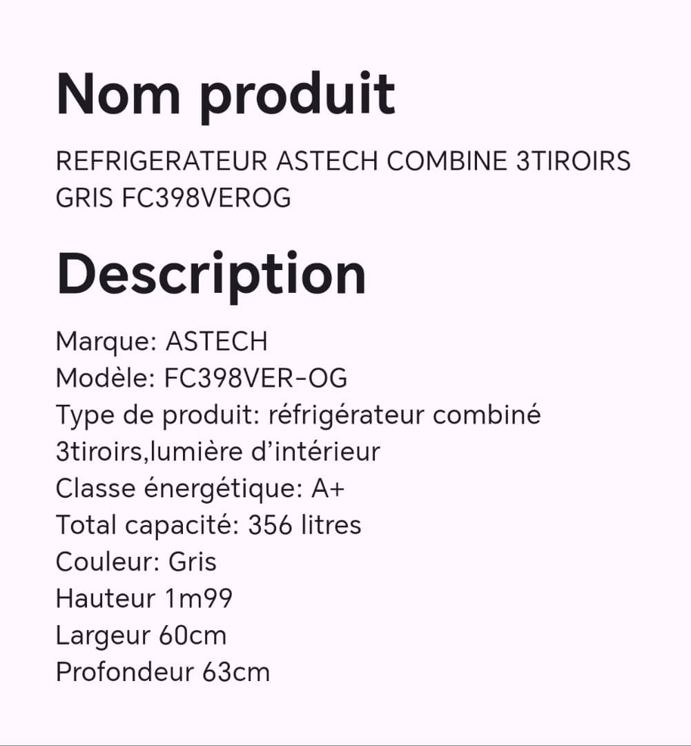 Réfrigérateur ASTECH combine 3tiroirs gris FC398VEROG Réfrigérateur ASTECH combine 3tiroirs gris FC398VEROG