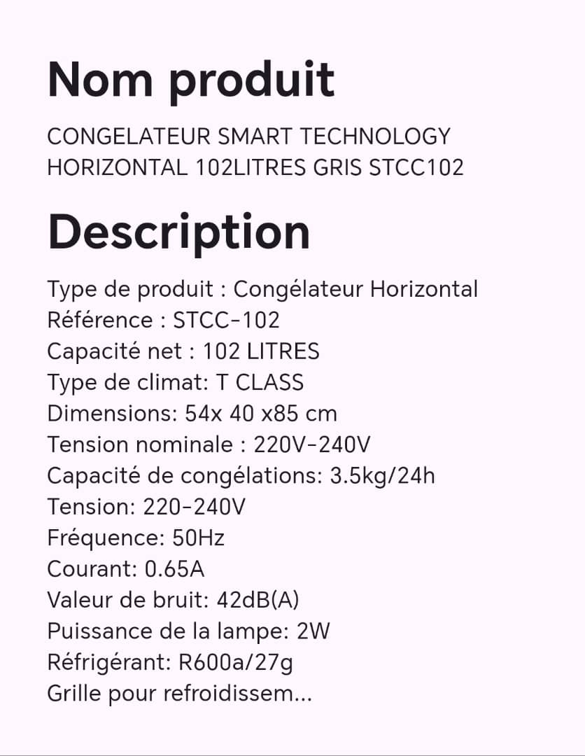 CONGELATEUR SMART TECHNOLOGY HORIZONTAL 102 LITRES GRIS STCC102 CONGELATEUR SMART TECHNOLOGY HORIZONTAL 102 LITRES GRIS STCC102