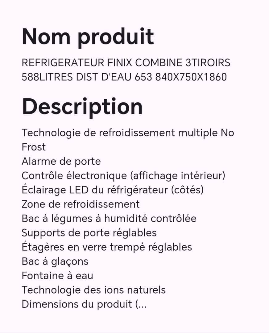 Réfrigérateur FINIX combine 3tiroirs 588litres dist d'eau 653 840X750X1860 Réfrigérateur FINIX combine 3tiroirs 588litres dist d'eau 653 840X750X1860