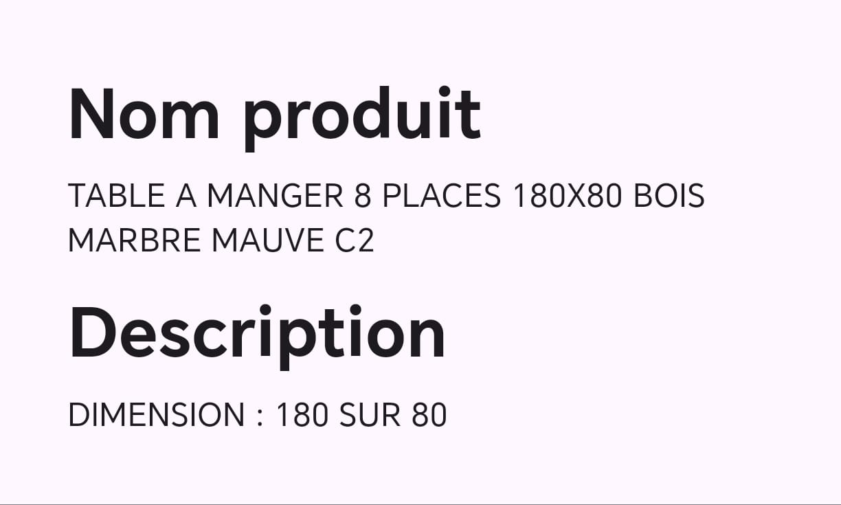 TABLE A MANGER 8 PLACES 180X80 BOIS MARBRE MAUVE C2 TABLE A MANGER 8 PLACES 180X80 BOIS MARBRE MAUVE C2