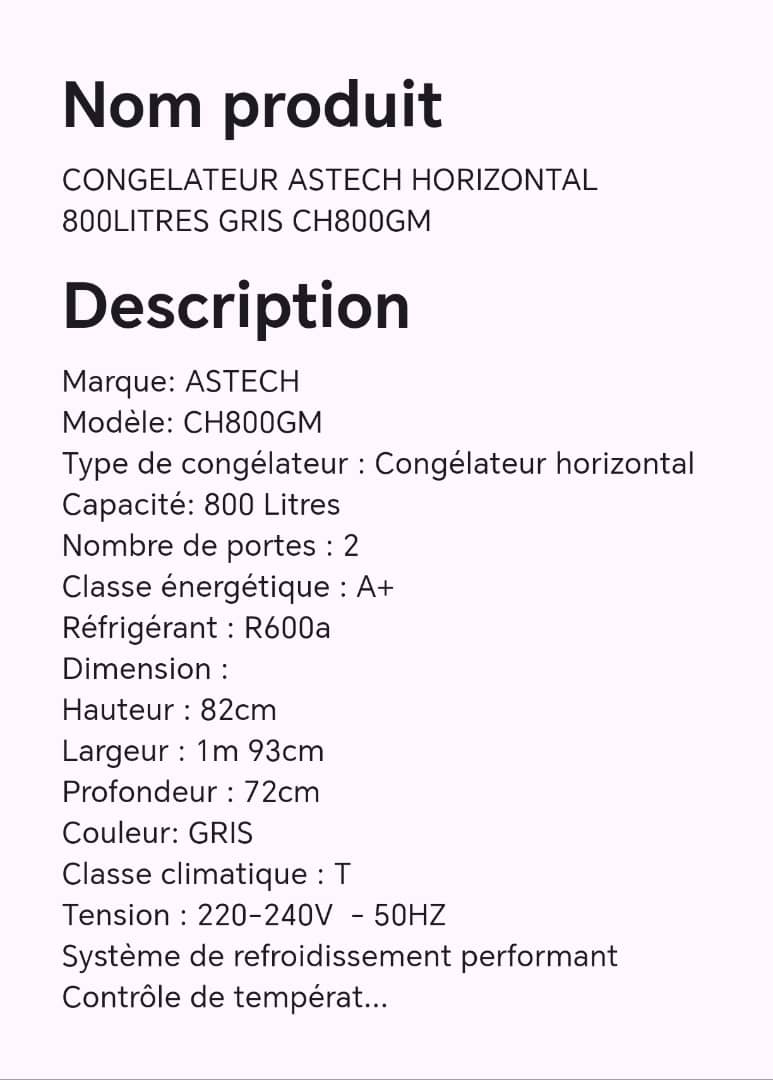 CONGELATEUR ASTECH HORIZONTAL 800LITRES GRIS CH800GM CONGELATEUR ASTECH HORIZONTAL 800LITRES GRIS CH800GM