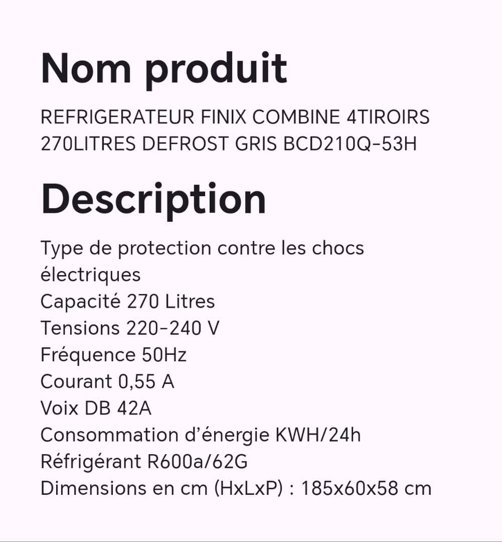 Réfrigérateur FINIX combine 4tiroirs 270litres DEFROST gris BCD210Q-53H Réfrigérateur FINIX combine 4tiroirs 270litres DEFROST gris BCD210Q-53H