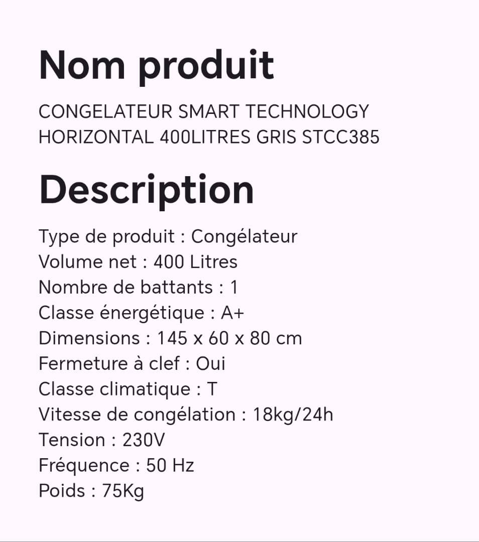 CONGELATEUR SMART TECHNOLOGY HORIZONTAL 400LITRES GRIS STCC385 CONGELATEUR SMART TECHNOLOGY HORIZONTAL 400LITRES GRIS STCC385