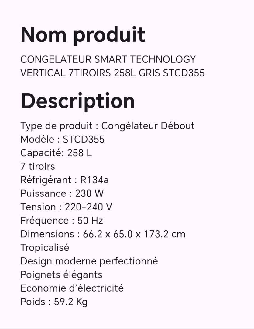 CONGELATEUR SMART TECHNOLOGY VERTICAL 7TIROIRS 258L GRIS STCD355 CONGELATEUR SMART TECHNOLOGY VERTICAL 7TIROIRS 258L GRIS STCD355