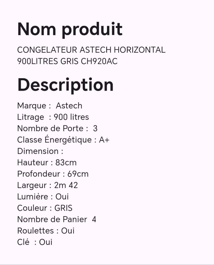 Congélateur ASTECH horizontal 900litres gris CH920AC Congélateur ASTECH horizontal 900litres gris CH920AC