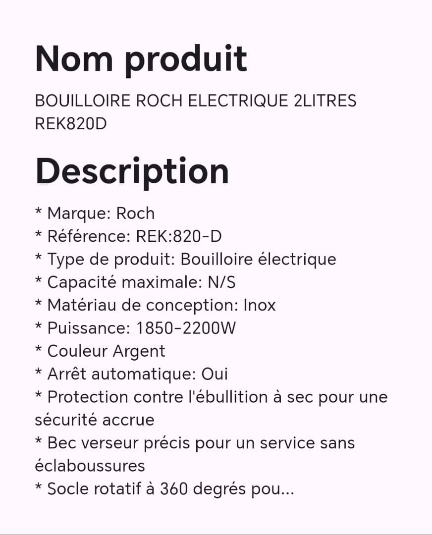 Bouilloire ROCH électrique 2litres REK820D Bouilloire ROCH électrique 2litres REK820D