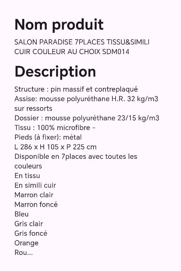 SALON PARADISE 7PLACES TISSU&SIMILICUIR COULEUR AU CHOIX SDM014 SALON PARADISE 7PLACES TISSU&SIMILICUIR COULEUR AU CHOIX SDM014