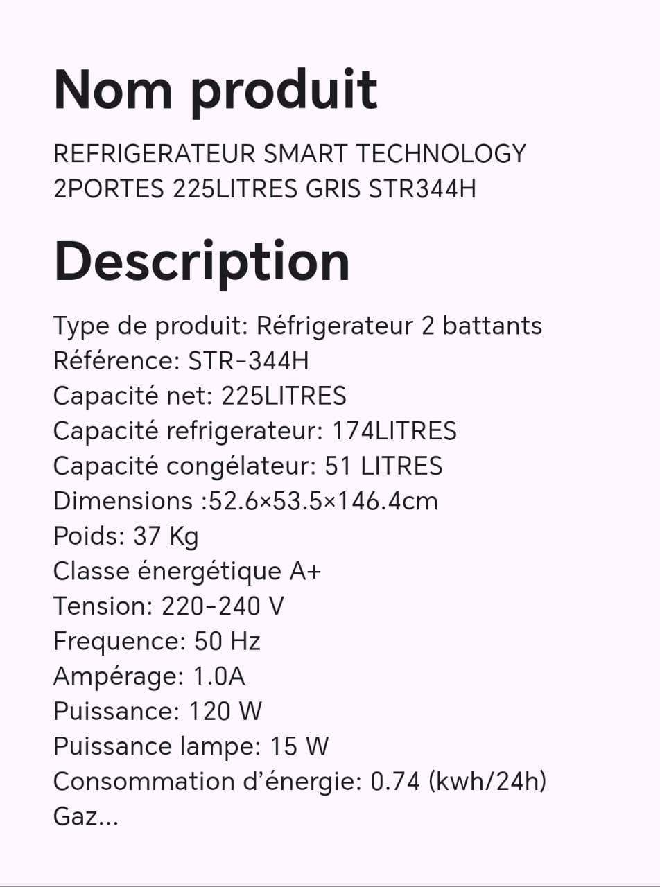 Réfrigérateur smart tchnology 2 portes 225 LITRES gris STR344H Réfrigérateur smart tchnology 2 portes 225 LITRES gris STR344H