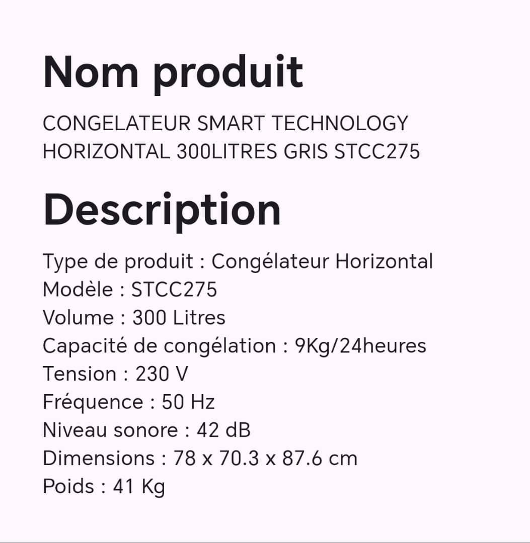 CONGELATEUR SMART TECHNOLOGY HORIZONTAL 300LITRES GRIS STCC275 CONGELATEUR SMART TECHNOLOGY HORIZONTAL 300LITRES GRIS STCC275