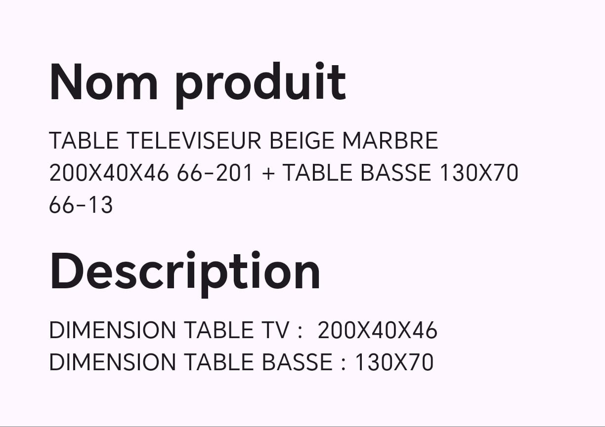 TABLE TELEVISEUR BEIGE MARBRE 200X40X46 66-201 + TABLE BASSE 130X70 66-13 TABLE TELEVISEUR BEIGE MARBRE 200X40X46 66-201 + TABLE BASSE 130X70 66-13