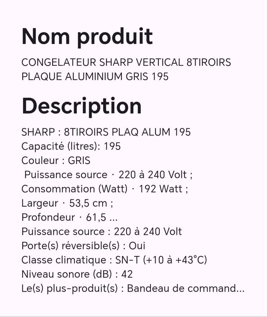 CONGELATEUR SHARP VERTICAL 8TIROIRS PLAQUE ALUMINIUM GRIS 195 CONGELATEUR SHARP VERTICAL 8TIROIRS PLAQUE ALUMINIUM GRIS 195
