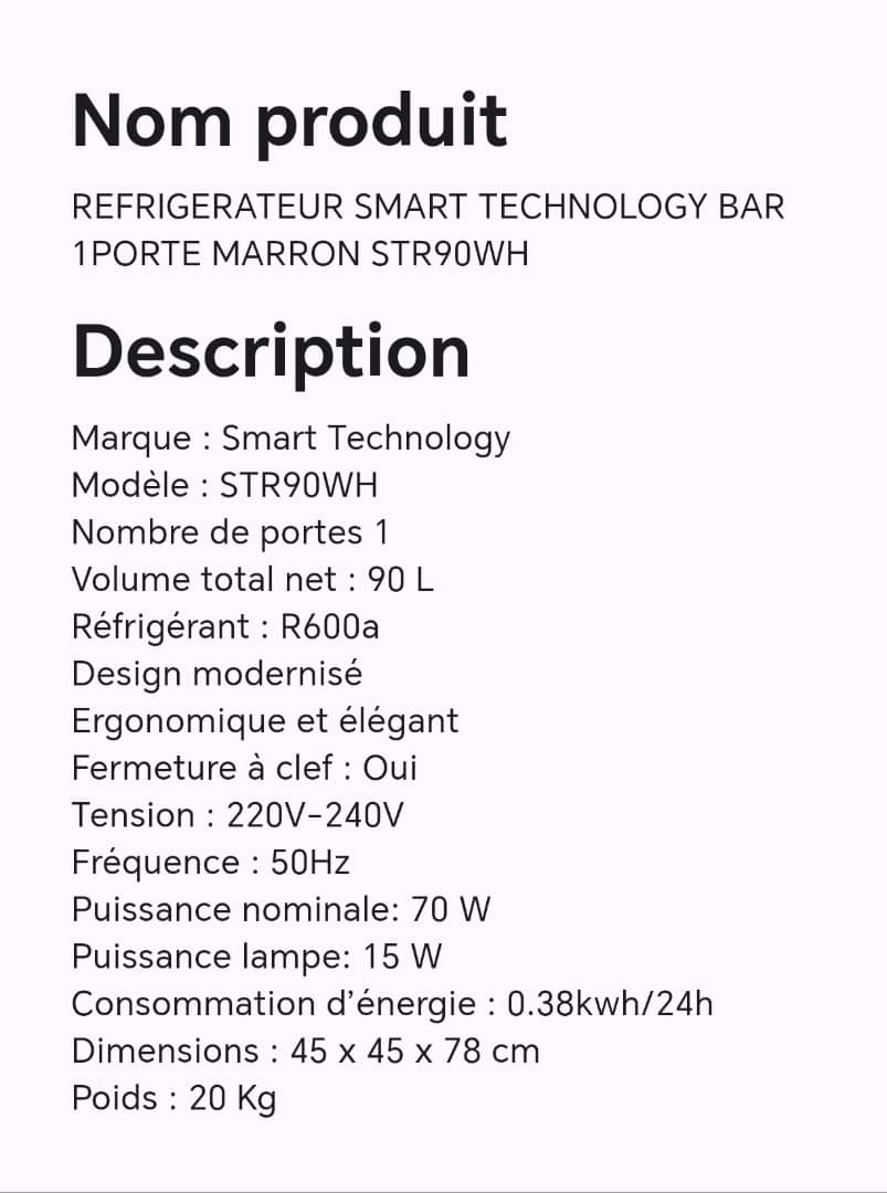Réfrigérateur SMART technology 1 porte marron STR90WH Réfrigérateur SMART technology 1 porte marron STR90WH